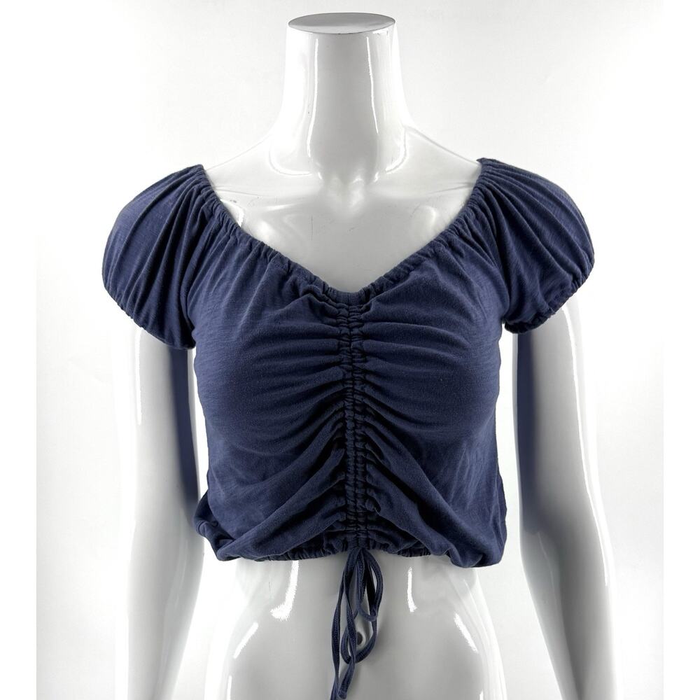 Arizona Crop Top Sz XS Blue Ruched Tie Front Cropped Tee Shirt Shirt Cap Sleeve